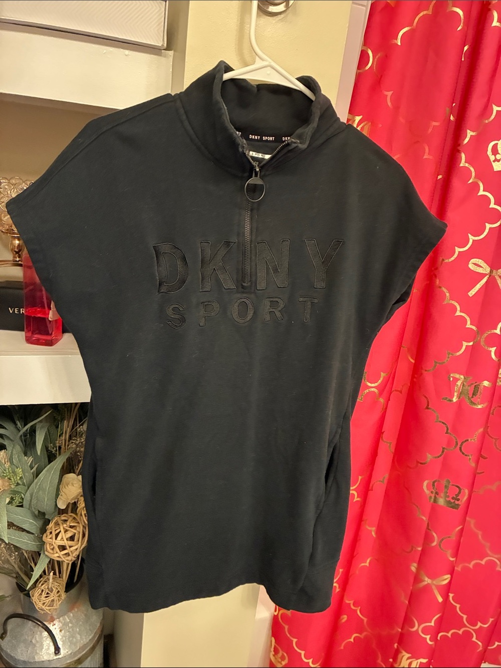 DKNY Black Short Sleeve Zip Mock Neck Sweatshirt